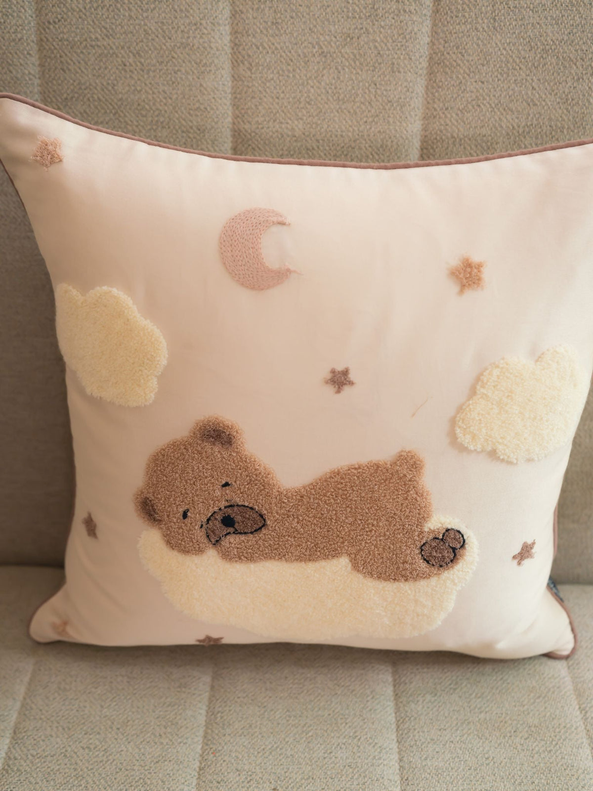 Sleepy Whim Cotton Embroidered Oats Beige Cushion Cover Kids Design 16" X 16" - Elysian Home Decor