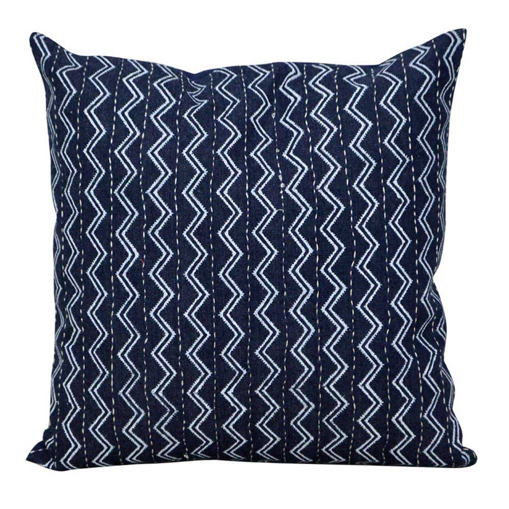 Designer Kantha Embroidered Denim Cushion Cover Denim Indigo Blue Printed Pillow Cushion Case 16" X 16" - Elysian Home Decor