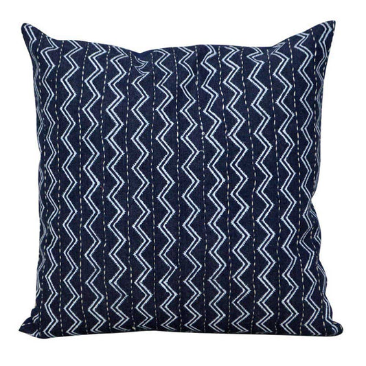Designer Kantha Embroidered Denim Cushion Cover Denim Indigo Blue Printed Pillow Cushion Case 16" X 16" - Elysian Home Decor