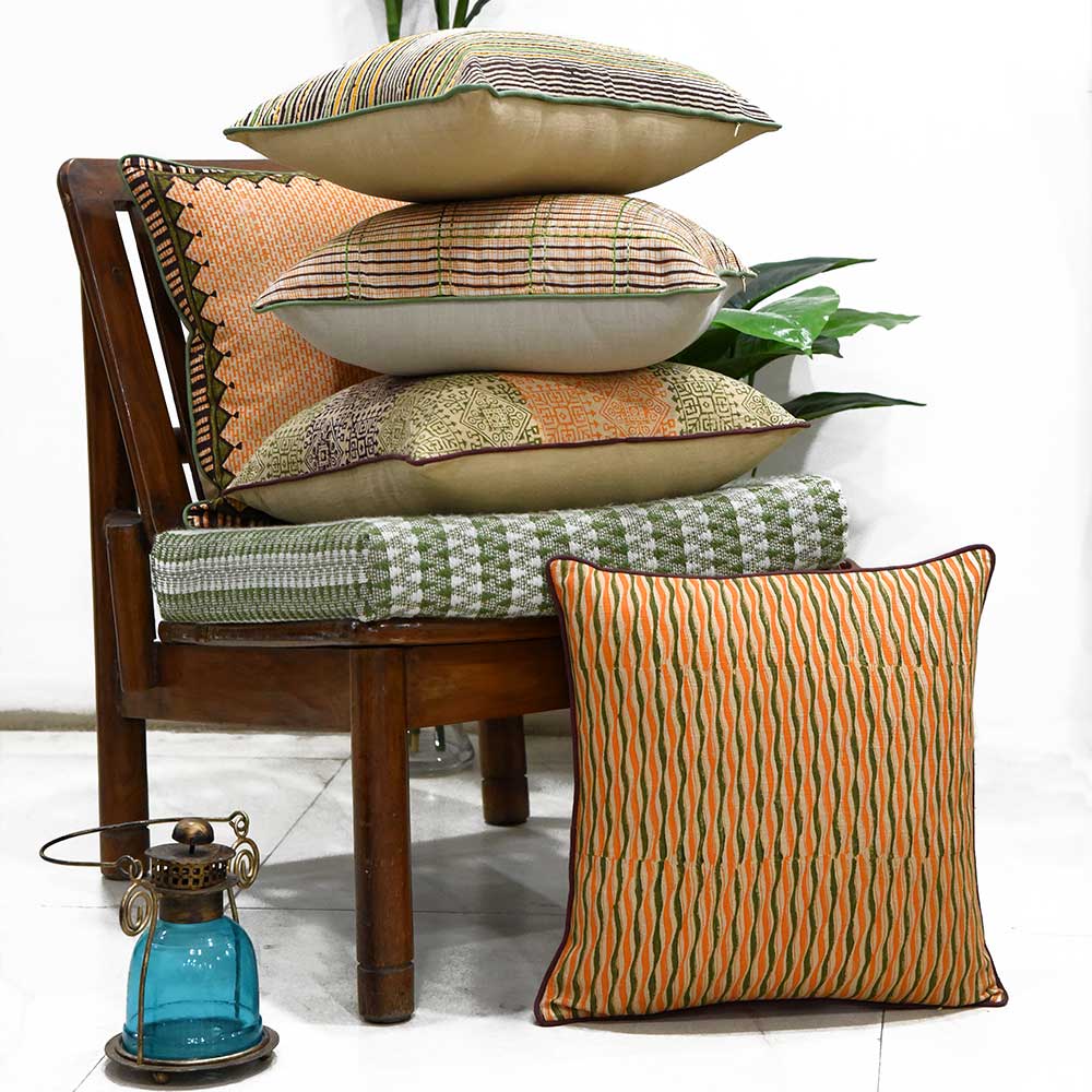 Hand Block Printed Mustard Color Sofa, Bed, Car Cushion Covers (16" X 16") - Elysian Home Decor