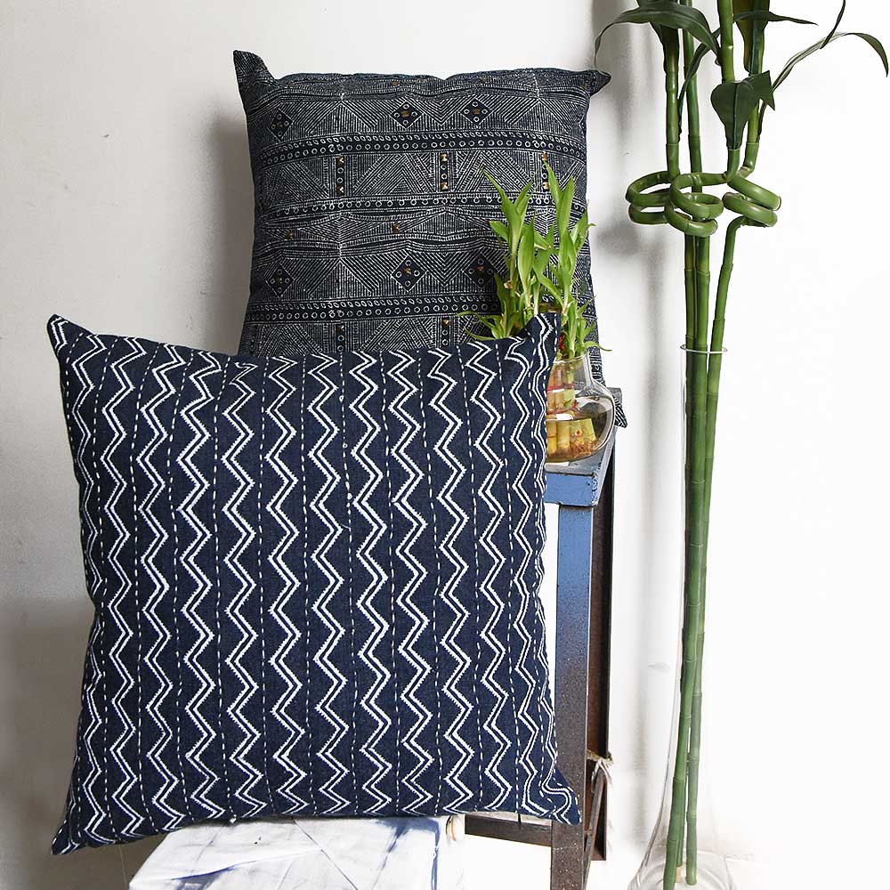 Designer Kantha Embroidered Denim Cushion Cover Denim Indigo Blue Printed Pillow Cushion Case 16" X 16" - Elysian Home Decor