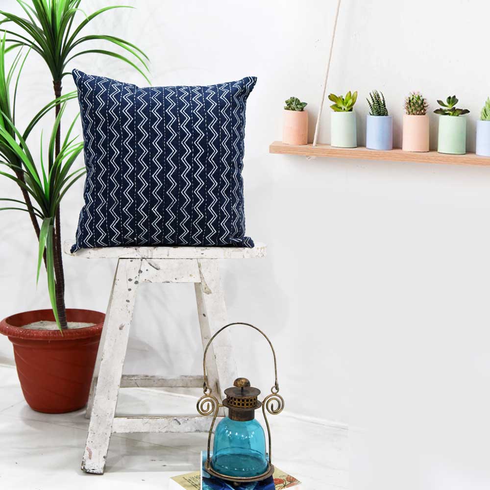 Designer Kantha Embroidered Denim Cushion Cover Denim Indigo Blue Printed Pillow Cushion Case 16" X 16" - Elysian Home Decor