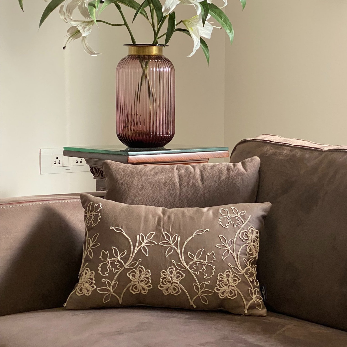 Decorative Dendritic Taupe Cotton Cushion Cover 12x18