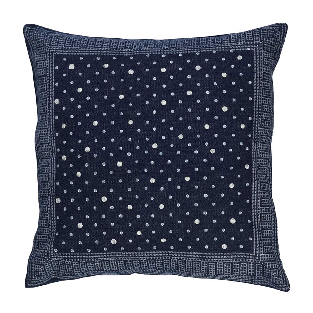 Navy Dotted Denim Printed Cushion Cover Hand Embroidered Block Print Pillow Cushions Case 16" X 16" - Elysian Home Decor