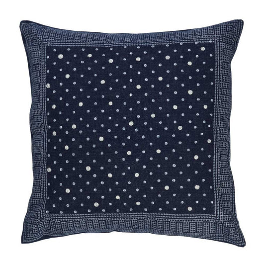 Navy Dotted Denim Printed Cushion Cover Hand Embroidered Block Print Pillow Cushions Case 16" X 16" - Elysian Home Decor
