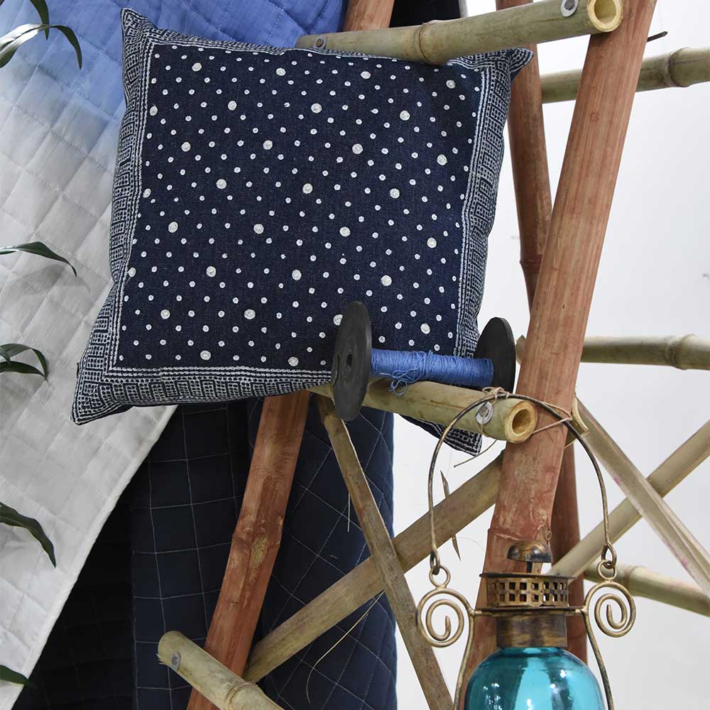 Navy Dotted Denim Printed Cushion Cover Hand Embroidered Block Print Pillow Cushions Case 16" X 16" - Elysian Home Decor