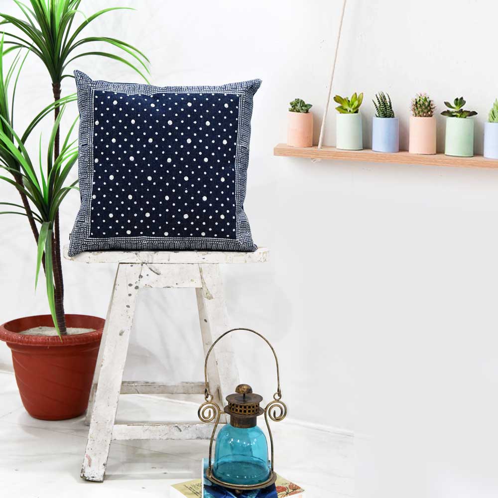 Navy Dotted Denim Printed Cushion Cover Hand Embroidered Block Print Pillow Cushions Case 16" X 16" - Elysian Home Decor