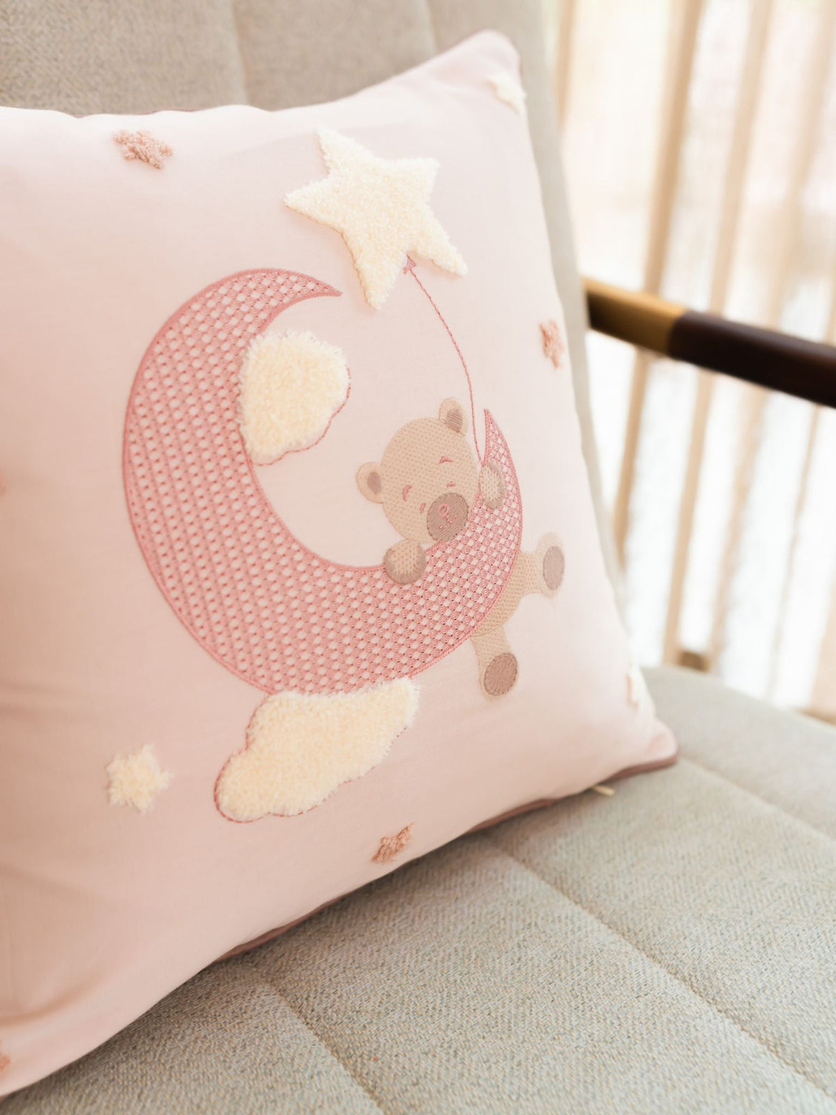 Twinkle Nap Cotton Embroidered Buff Cushion Cover Kids Design 16" X 16" - Elysian Home Decor