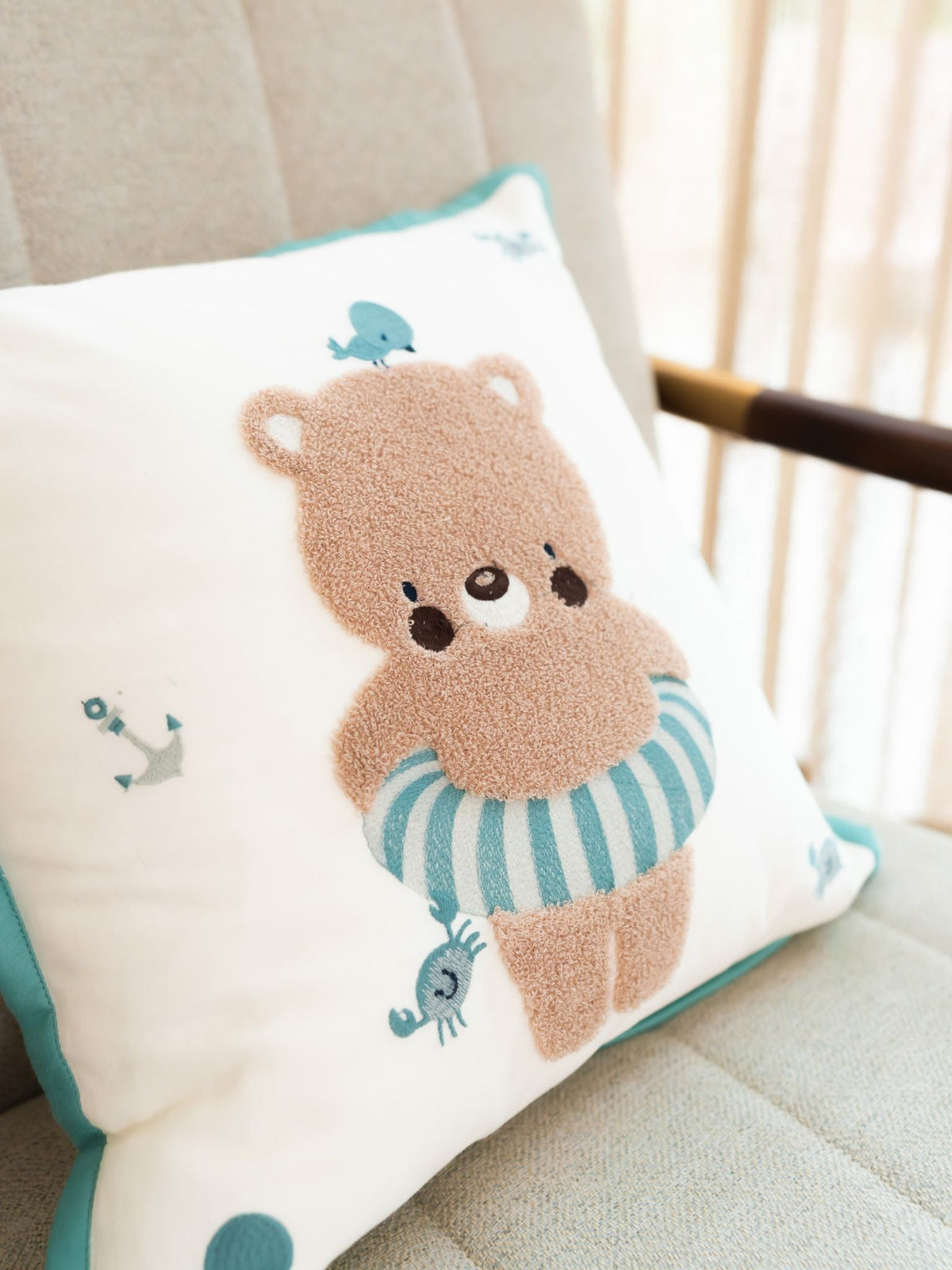 Captain Ahoy Cotton Embroidered Ivory Cushion Cover Kids Design 16" X 16" - Elysian Home Decor