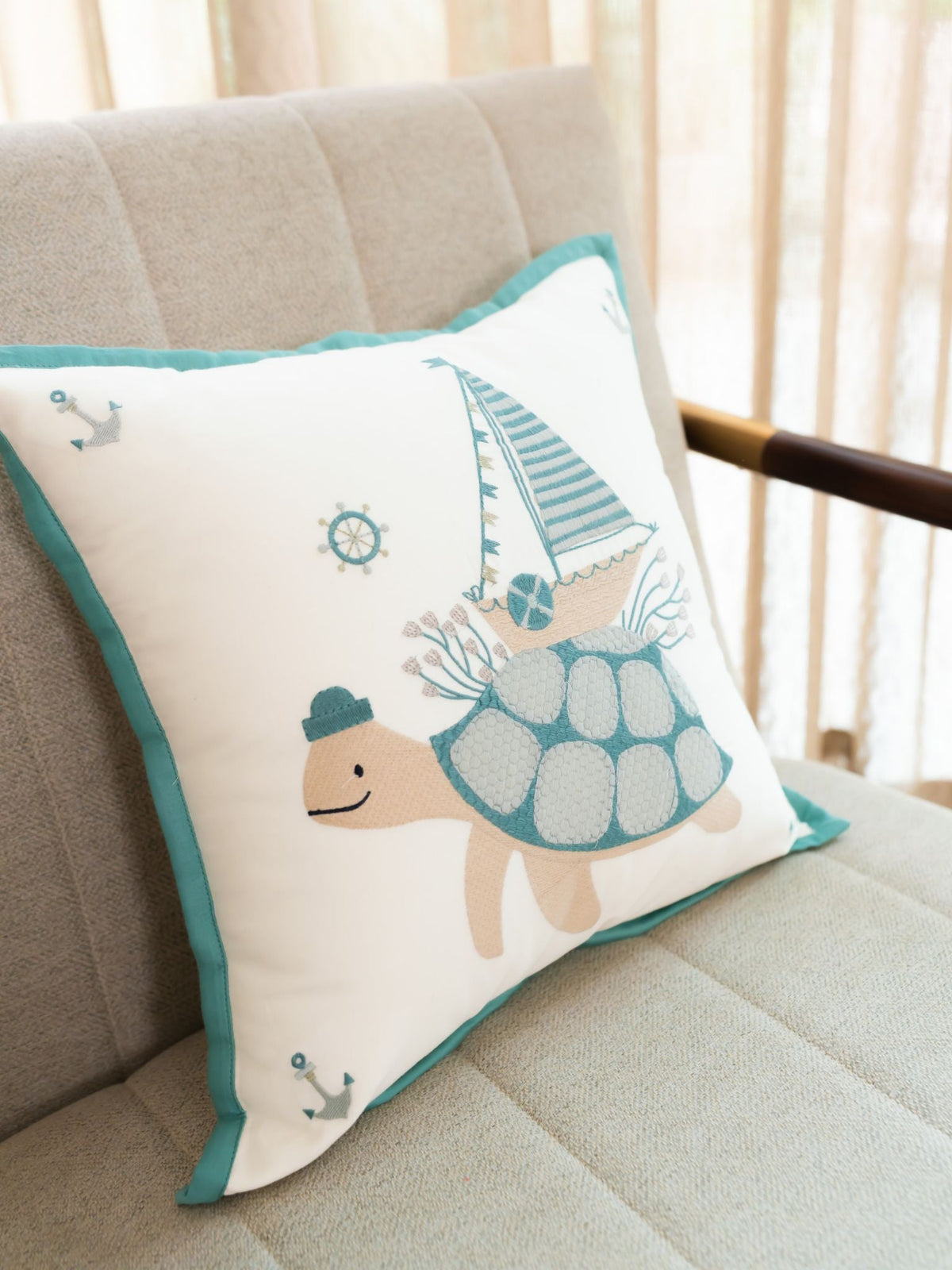 Little Sailor Cotton Embroidered Ivory Cushion Cover Kids Design 16" X 16" - Elysian Home Decor