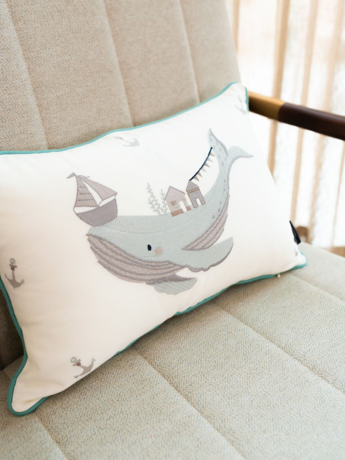 Whimsy Whale Cotton Embroidered Ivory Cushion Cover Kids Design 12" X 18" - Elysian Home Decor