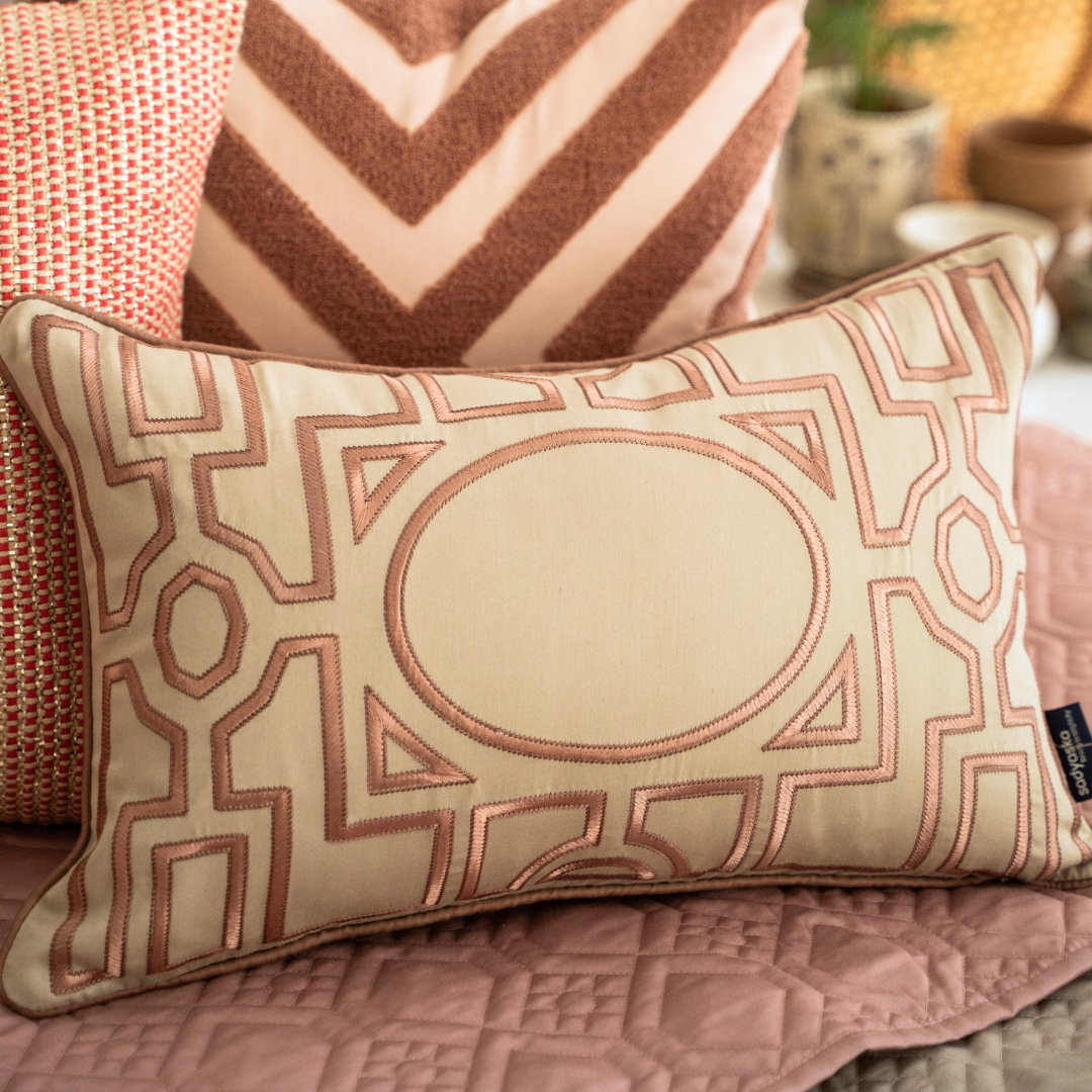 Asmara Beige Cotton Embroidered Cushion Cover (Size : 12"X18") - Elysian Home Decor