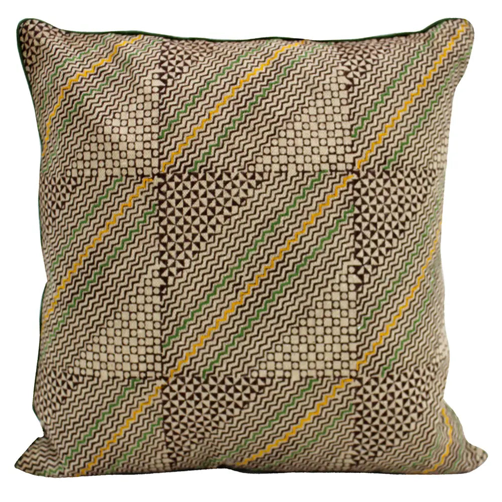 Block Printed and Embroidered Cotton Cushion Cover Gold Color 1 Piece (16" X 16") - Elysian Home Decor