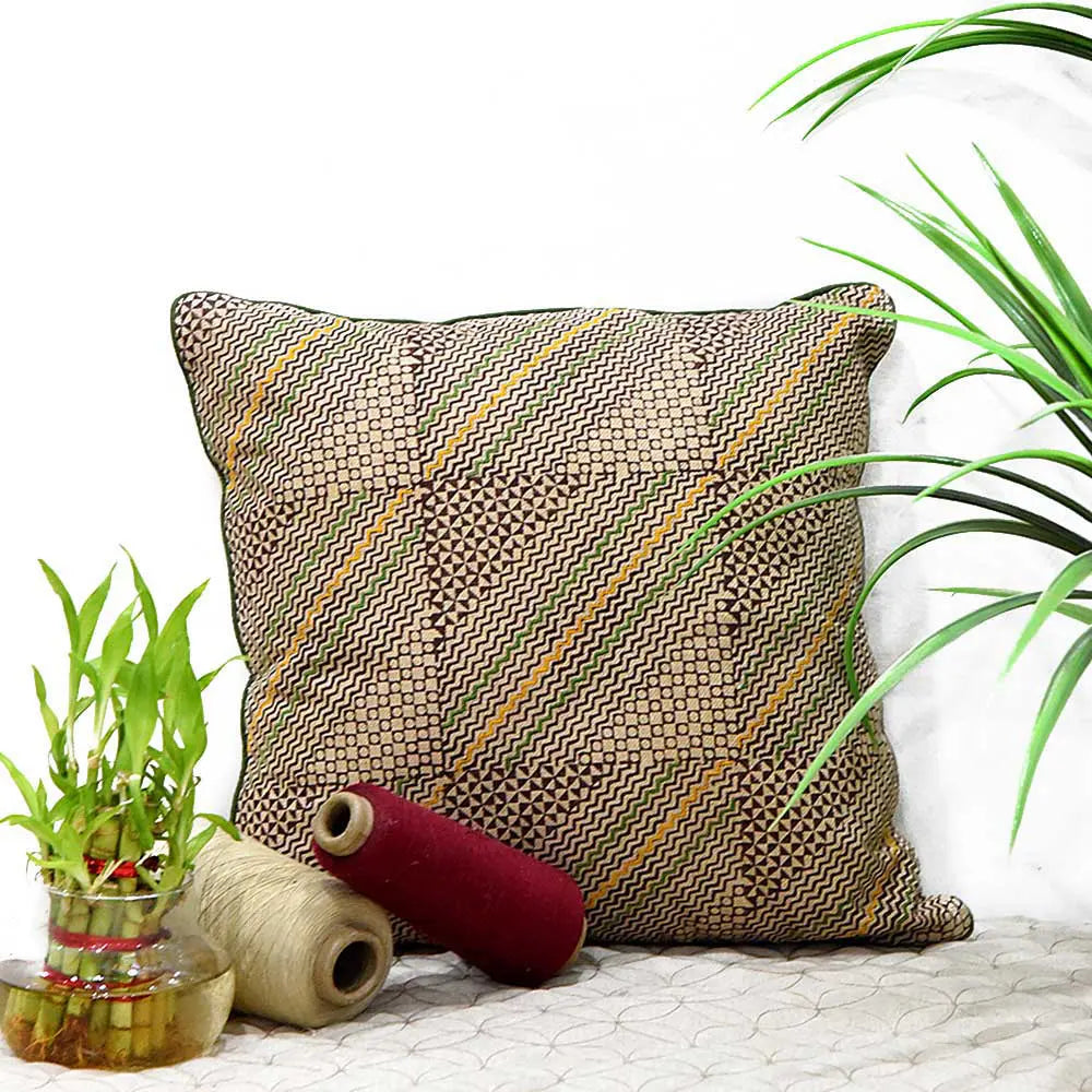 Block Printed and Embroidered Cotton Cushion Cover Gold Color 1 Piece (16" X 16") - Elysian Home Decor