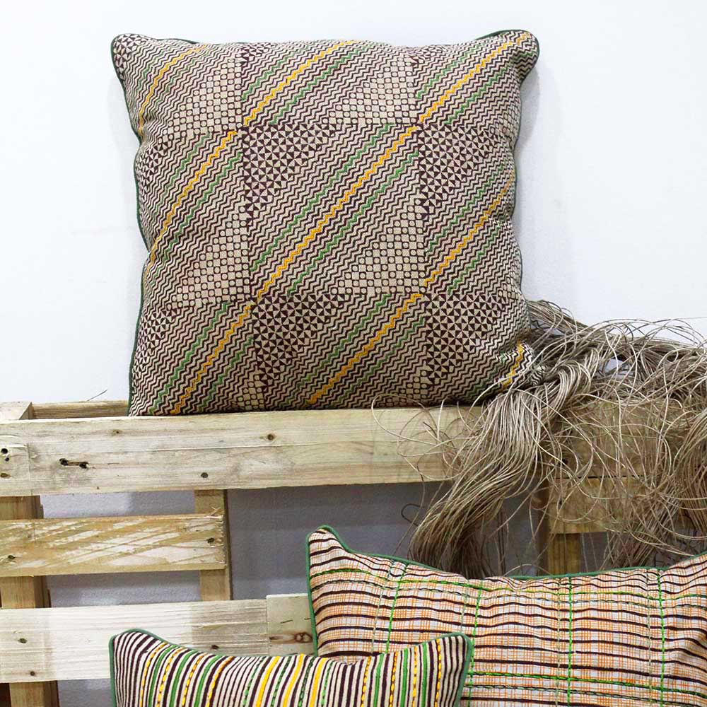 Block Printed and Embroidered Cotton Cushion Cover Gold Color 1 Piece (16" X 16") - Elysian Home Decor