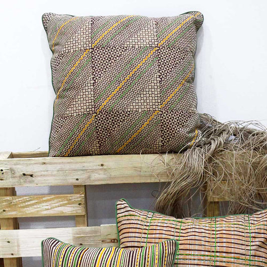 Block Printed and Embroidered Cotton Cushion Cover Gold Color 1 Piece (16" X 16") - Elysian Home Decor