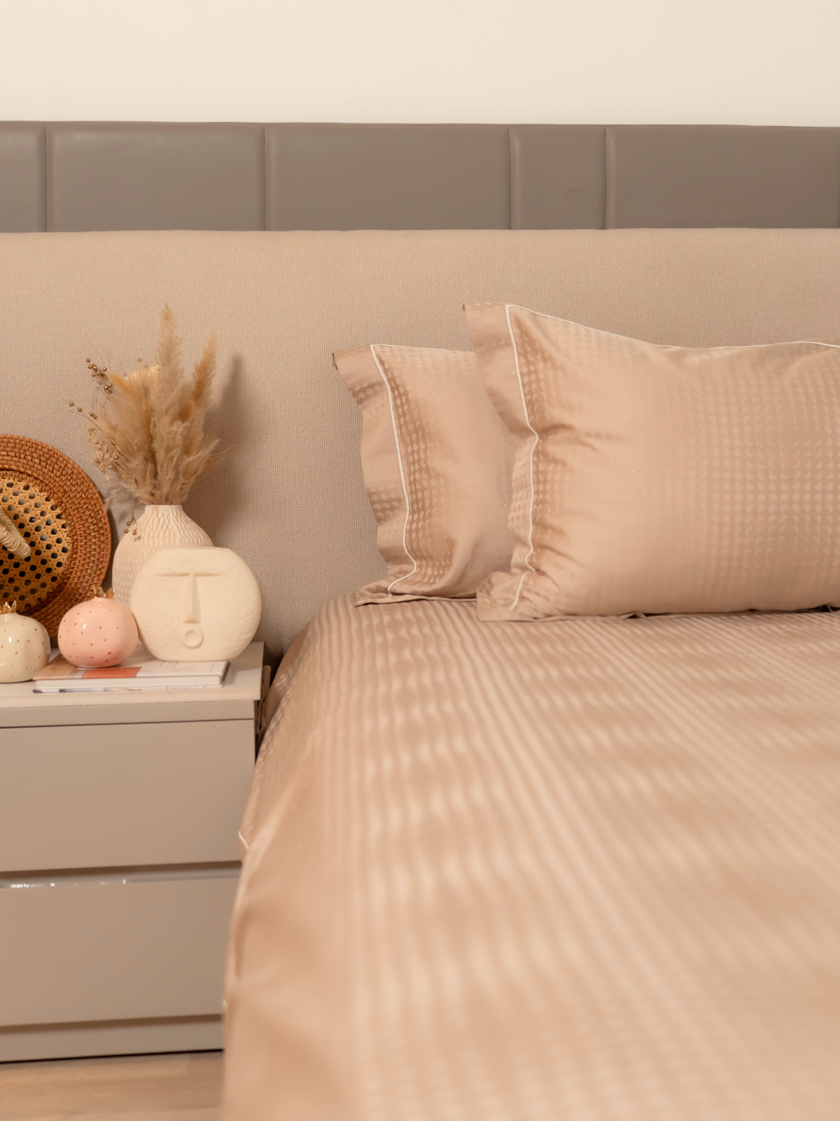 Biscotti Beige Premium Tencel Jacquard Bedsheet Set with Lace - Elysian Home Decor