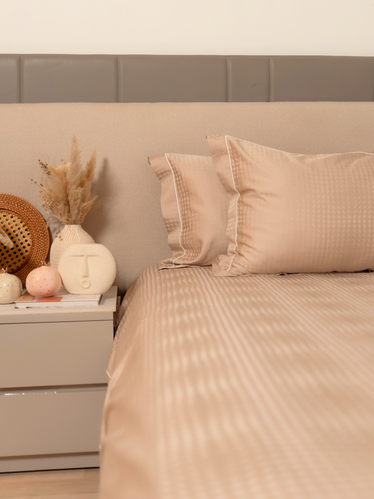 Biscotti Beige Premium Tencel Jacquard Bedsheet Set with Lace - Elysian Home Decor