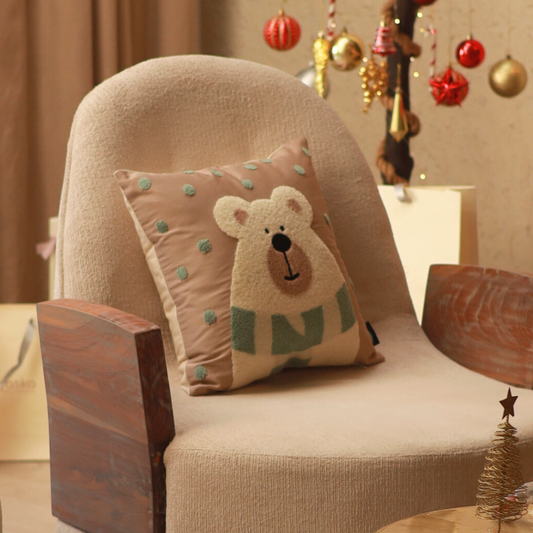 Snuggle Bear Cotton Embroidered Sand Cushion Cover Kids Design 16" X 16" - Elysian Home Decor