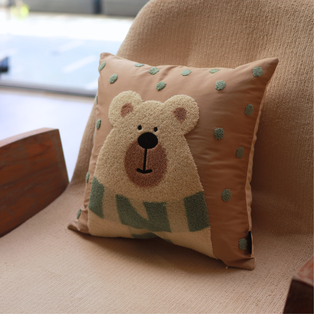 Snuggle Bear Cotton Embroidered Sand Cushion Cover Kids Design 16" X 16" - Elysian Home Decor