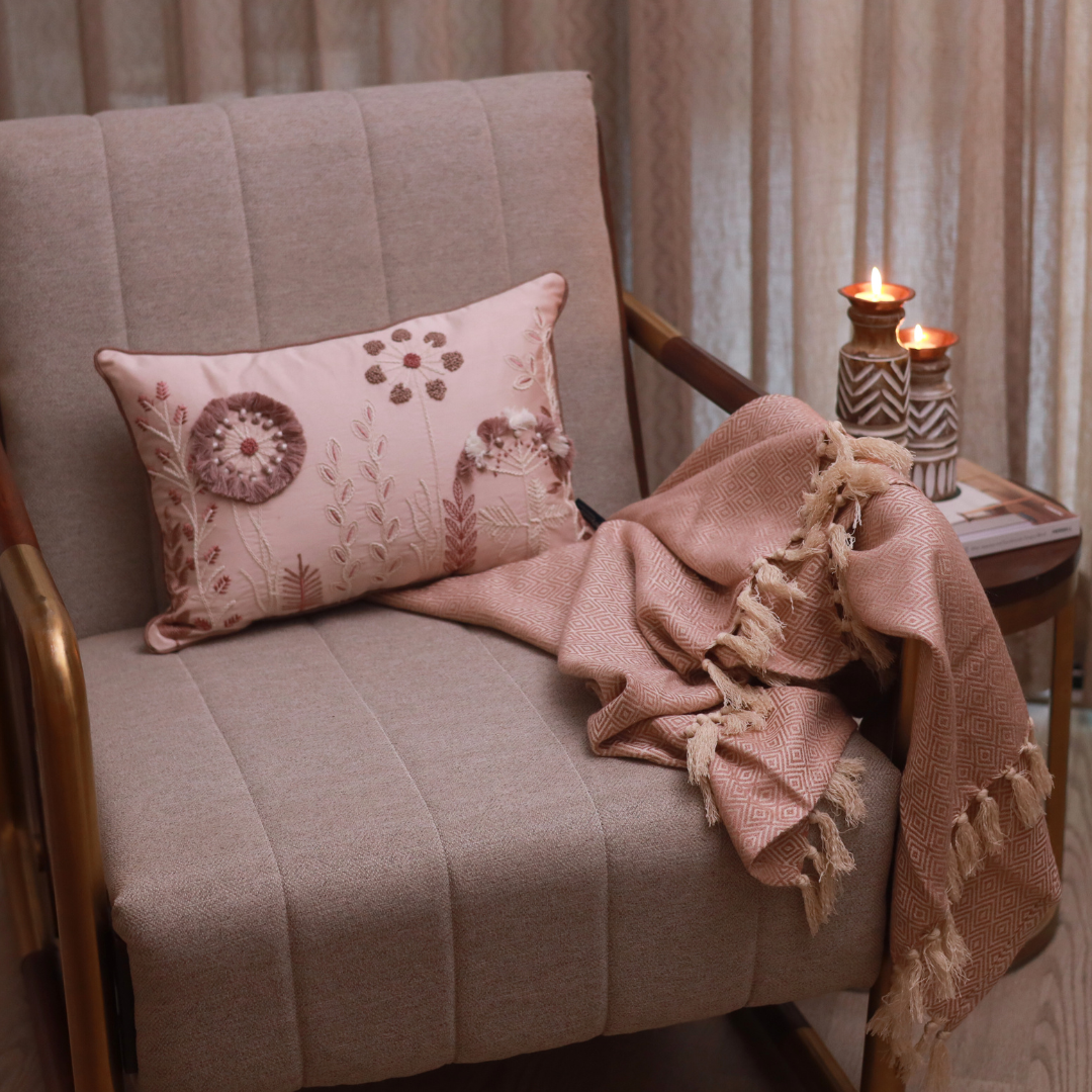Daisy Cotton Embroidered Buff Cushion Cover 12" X 18" - Elysian Home Decor