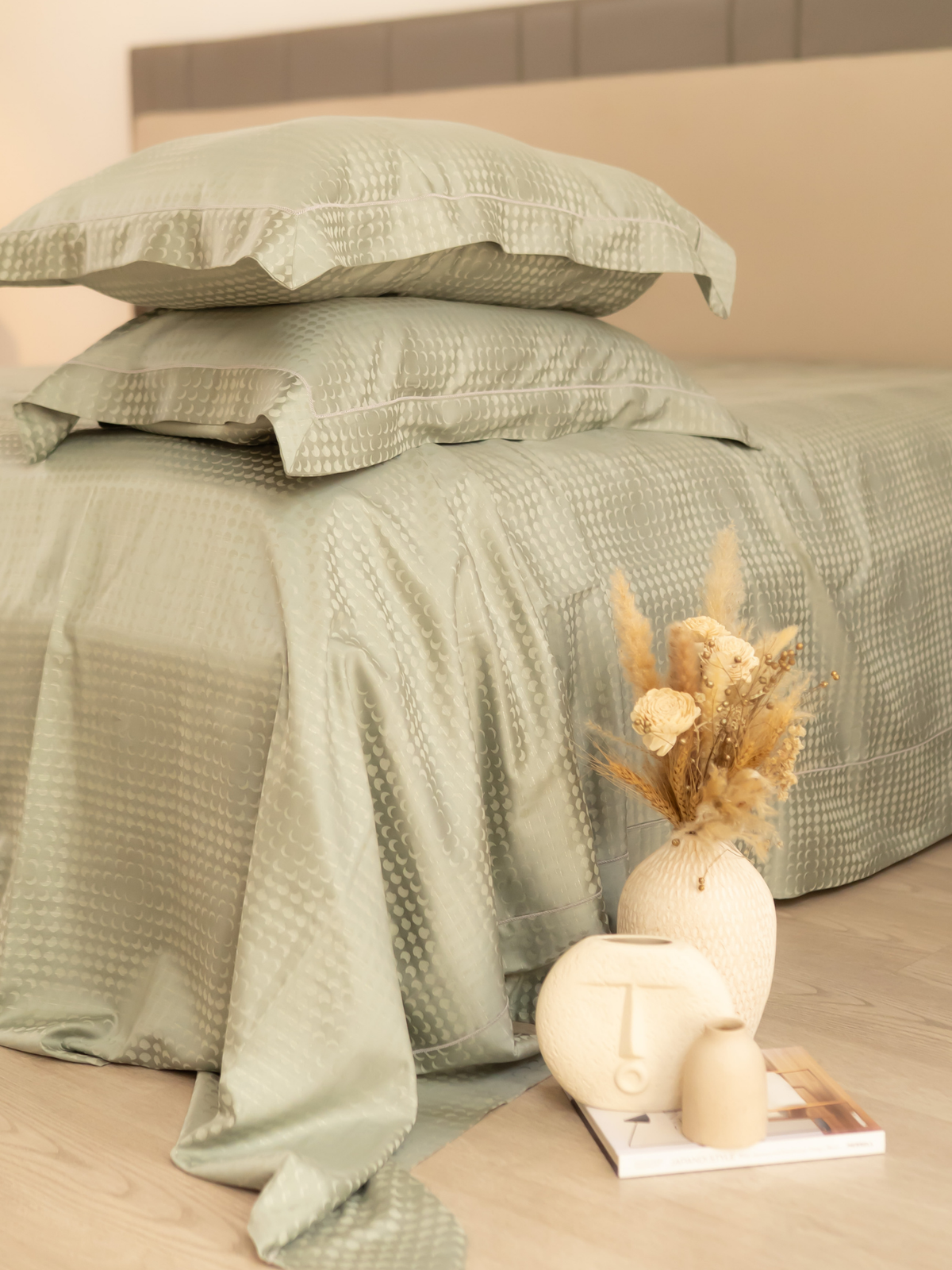 Minted Sage Premium Tencel Jacquard Bedsheet Set with Lace - Elysian Home Decor