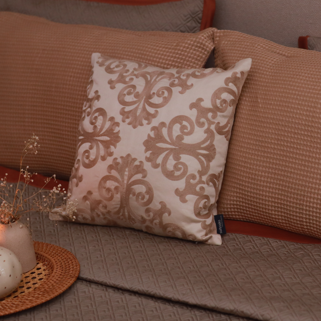 Blooming Elegance Cotton Embroidered Buff Cushion Cover 16" X 16" - Elysian Home Decor