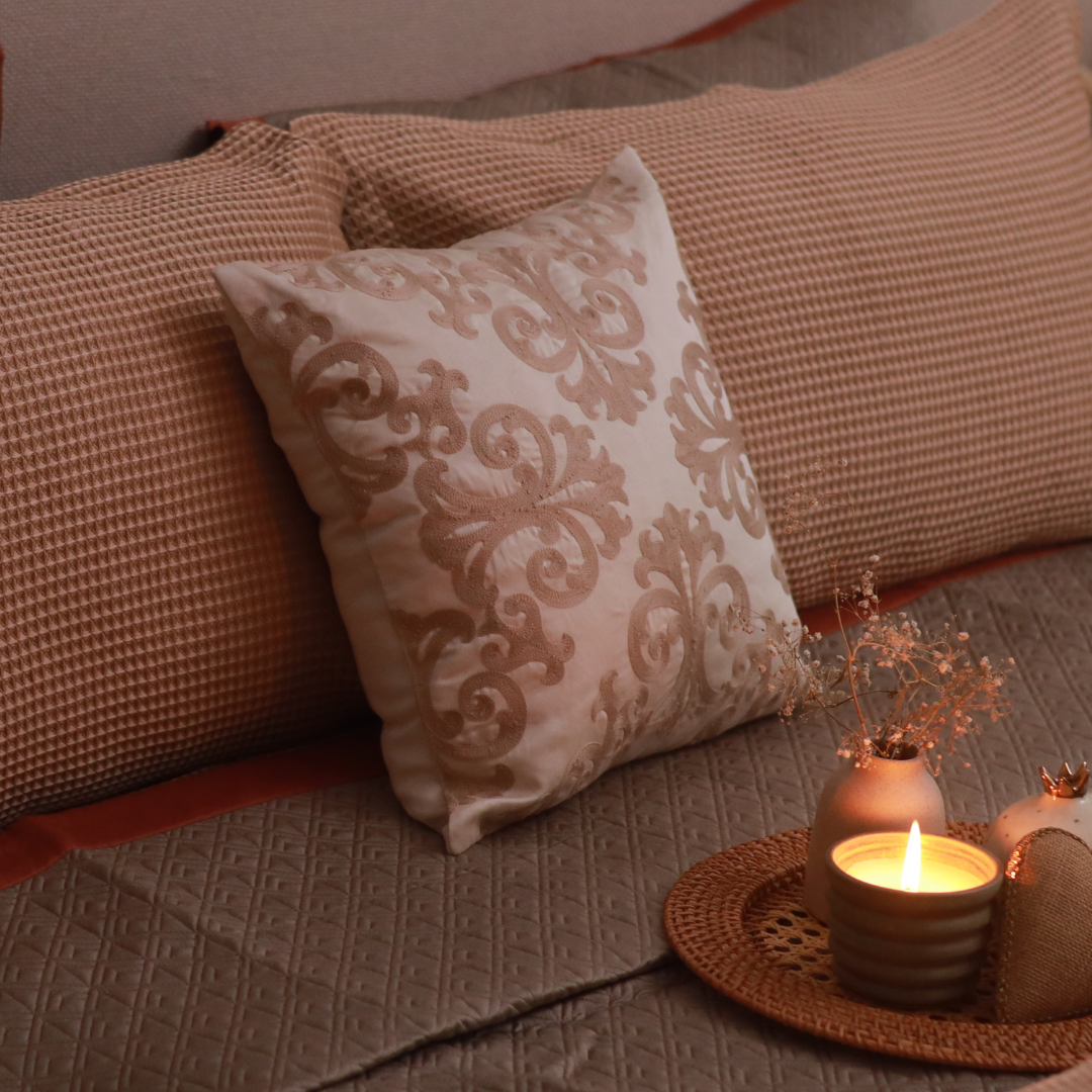 Blooming Elegance Cotton Embroidered Buff Cushion Cover 16" X 16" - Elysian Home Decor