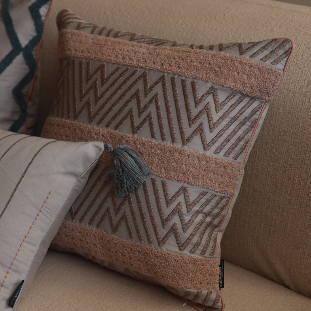 Chevron Fusion Cotton Embroidered Grey Cushion Cover 16" X 16" - Elysian Home Decor