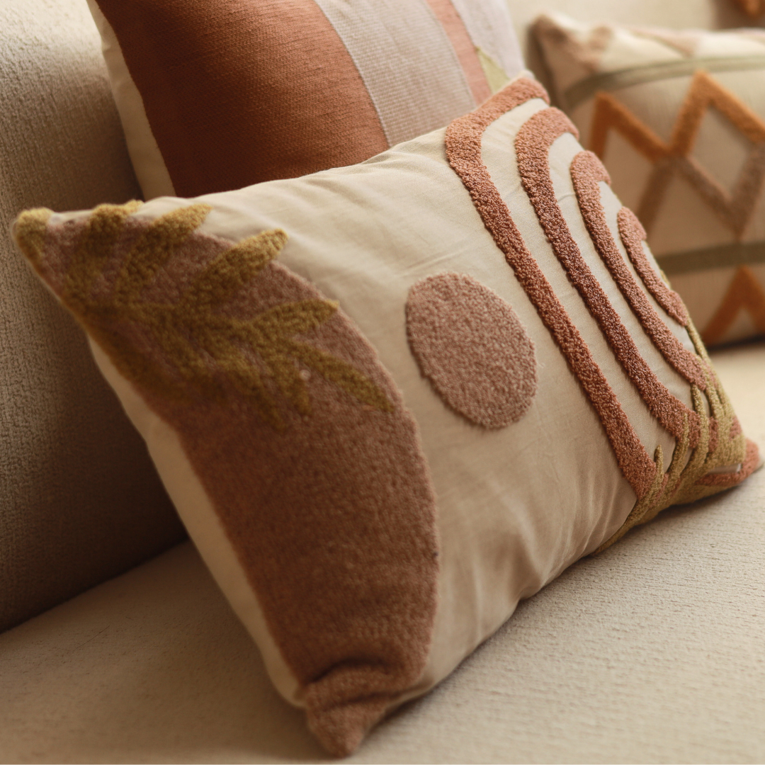 Serenity Leaf Cotton Embroidered Sand Cushion Cover 12" X 18" - Elysian Home Decor