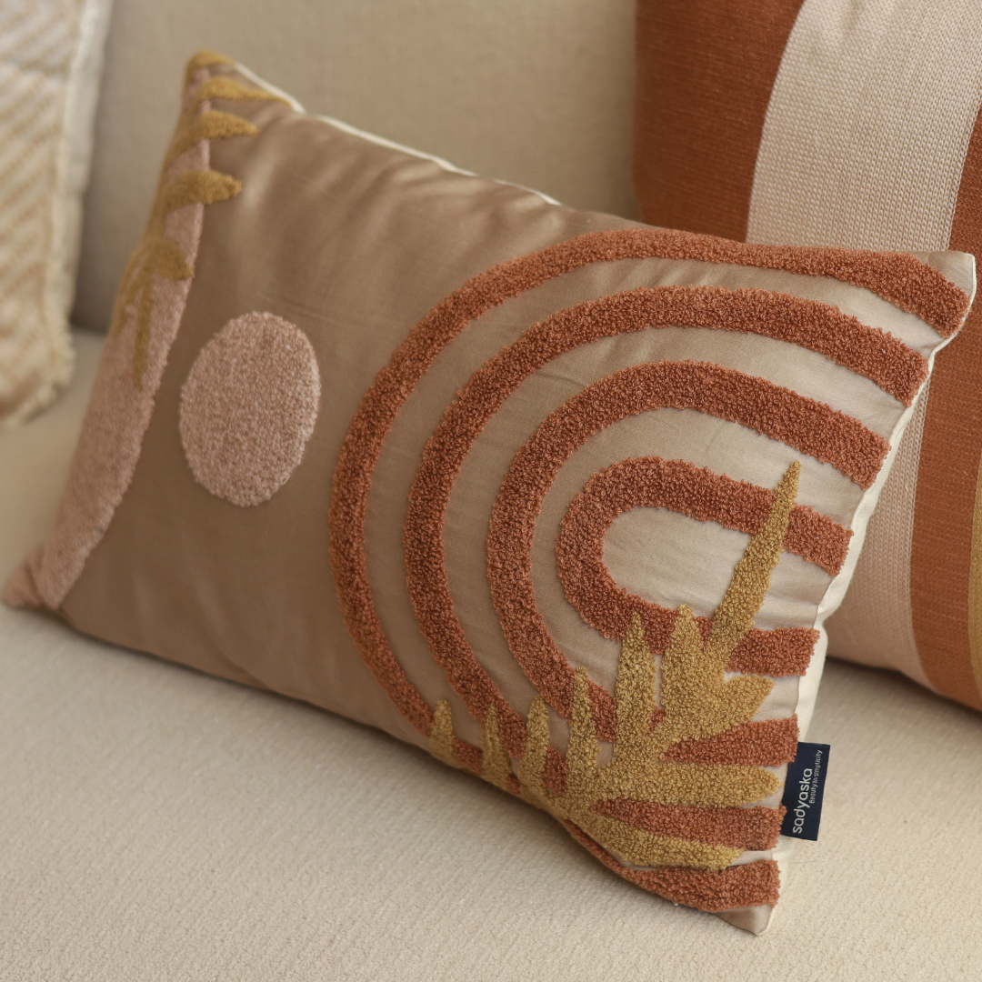 Serenity Leaf Cotton Embroidered Sand Cushion Cover 12" X 18" - Elysian Home Decor
