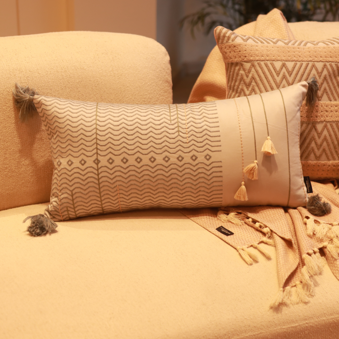 Bohochic Cotton Embroidered Grey Cushion Cover 12" X 24" - Elysian Home Decor