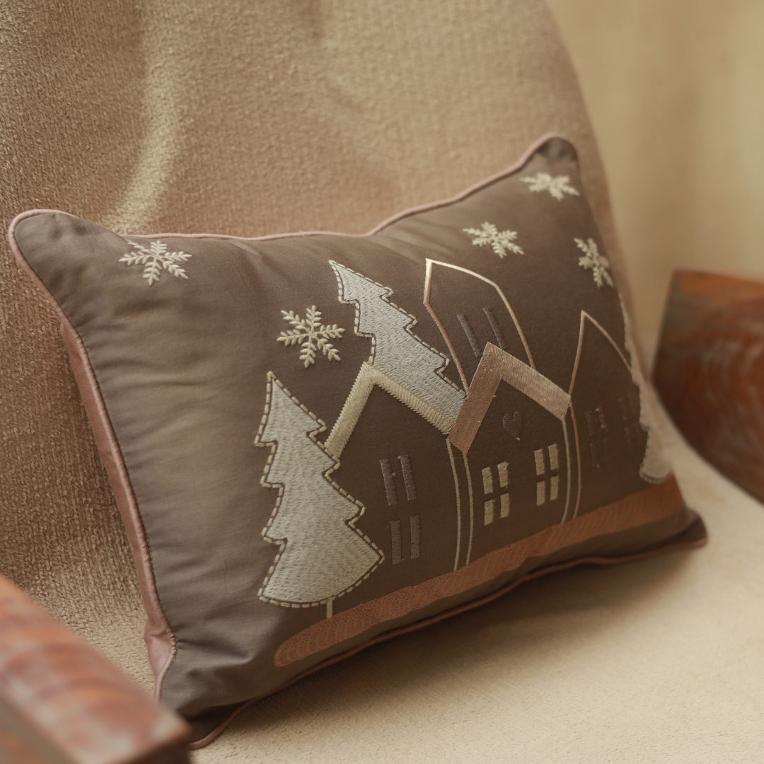 Starlit Christmas Cotton Embroidered Taupe Cushion Cover 12" X 18" - Elysian Home Decor