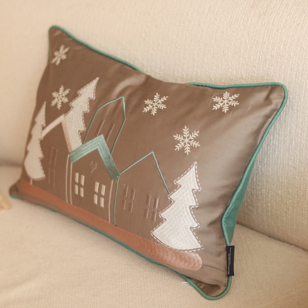 Starlit Christmas Cotton Embroidered Taupe Cushion Cover 12" X 18" - Elysian Home Decor