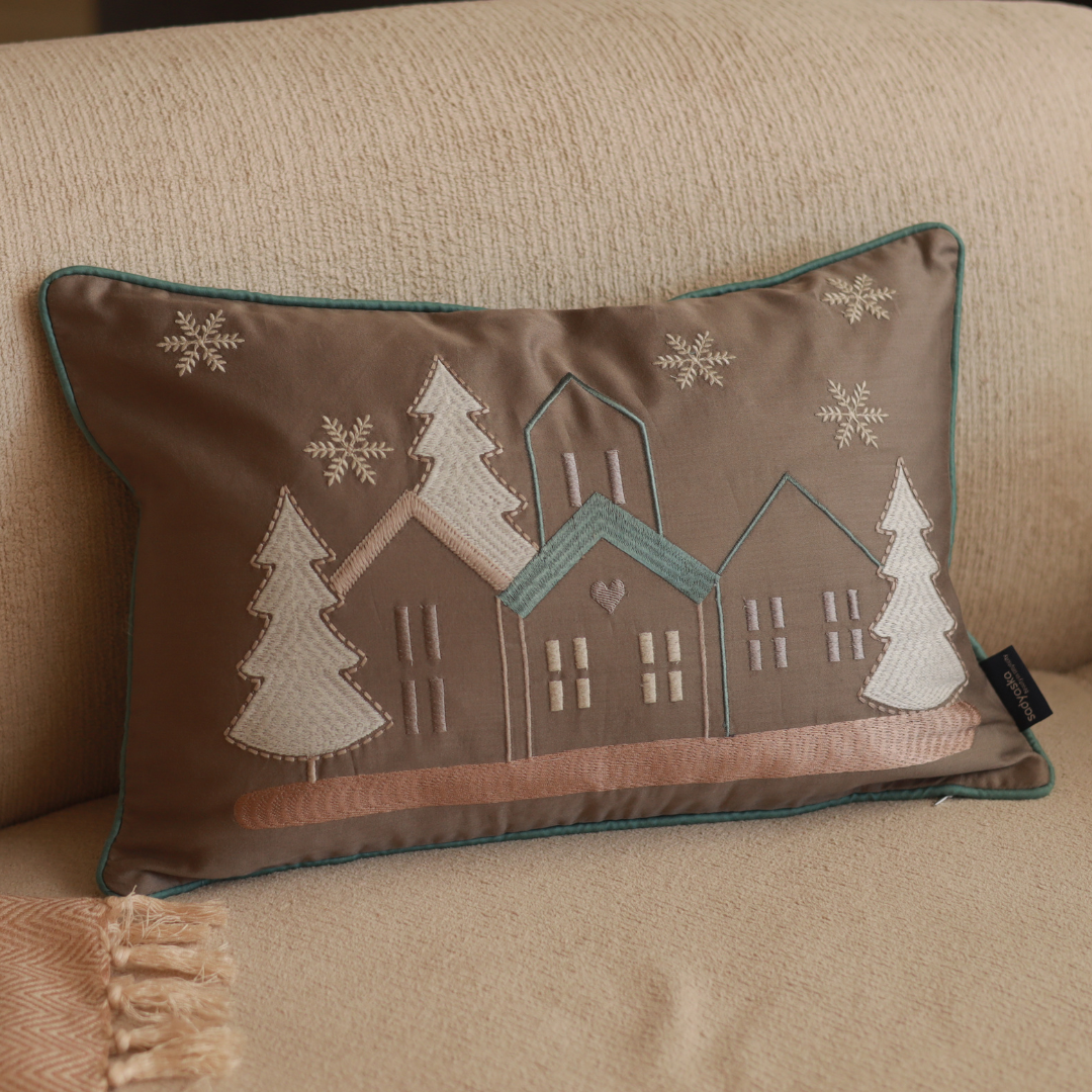 Starlit Christmas Cotton Embroidered Taupe Cushion Cover 12" X 18" - Elysian Home Decor