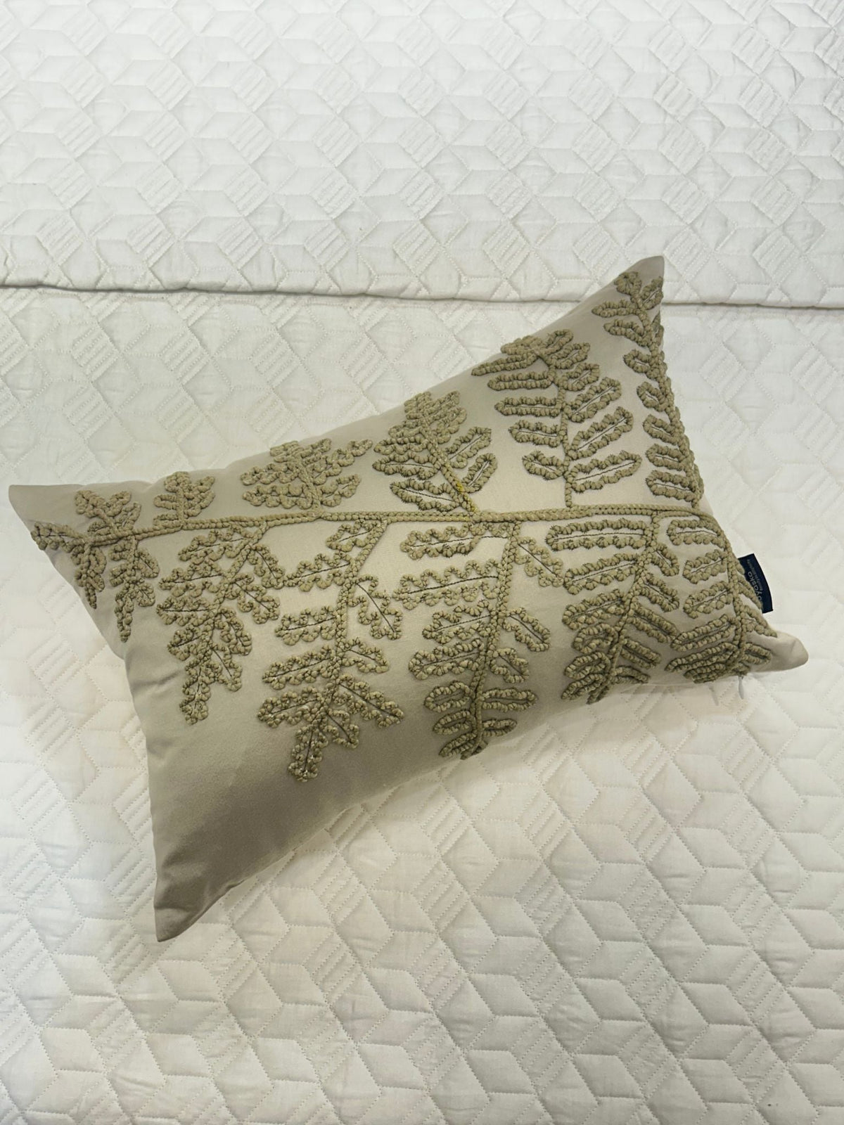Foliage Haven Cotton Embroidered Beige Cushion Cover 12" X 18" - Elysian Home Decor