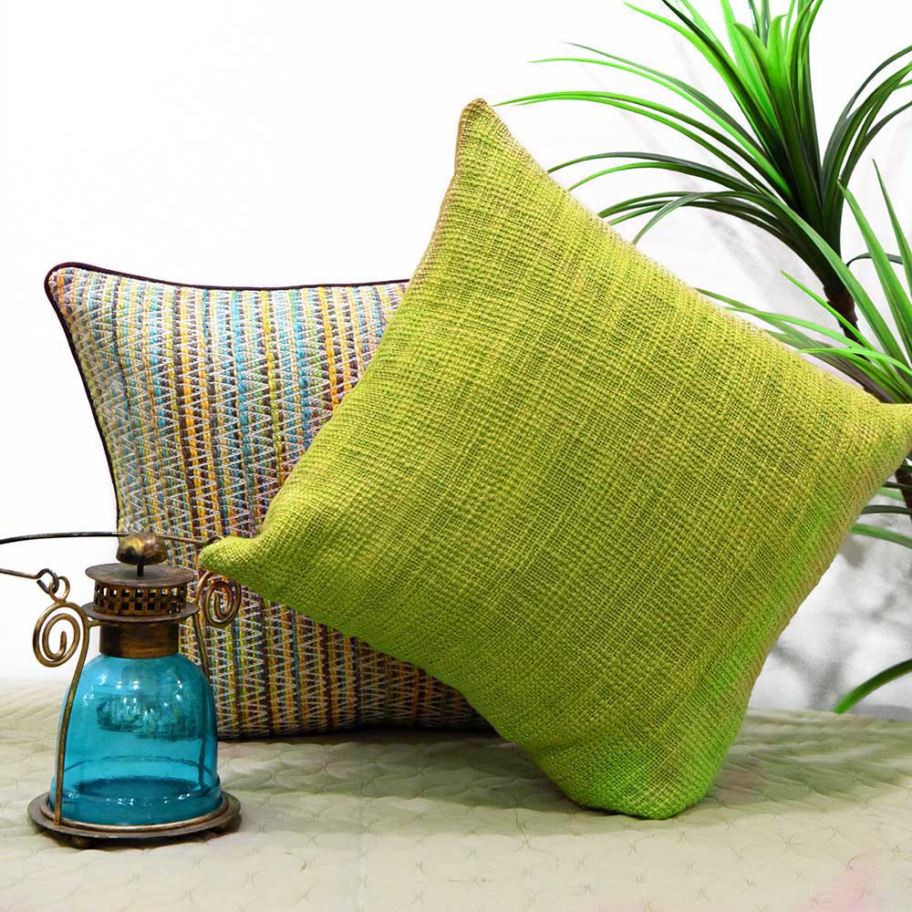 Hand Woven Cushion Covers Green Color (16" X 16") - Elysian Home Decor
