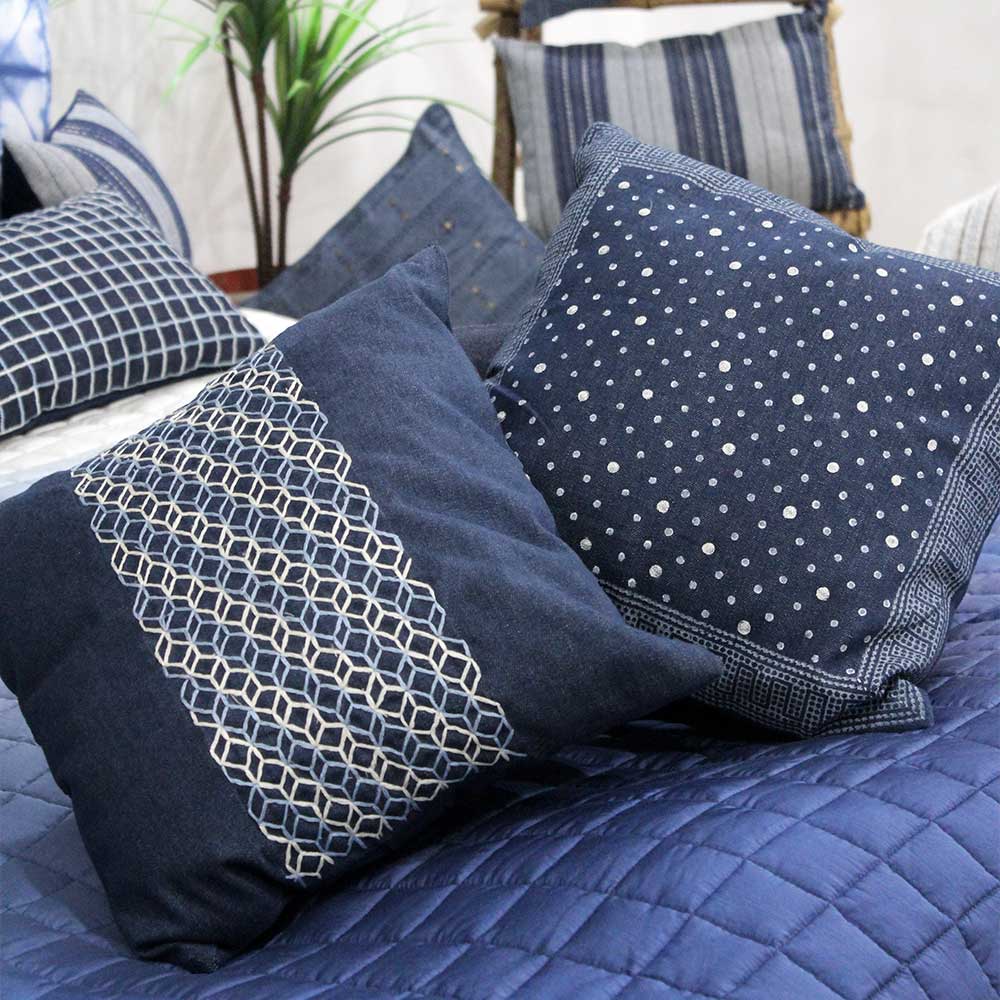 Cuba Stylish Denim Embroidered Cushion Cover 3D Look Sofa Chair Patio Outdoor Indigo Blue Denim Pillow Cushion Case 16" X 16"