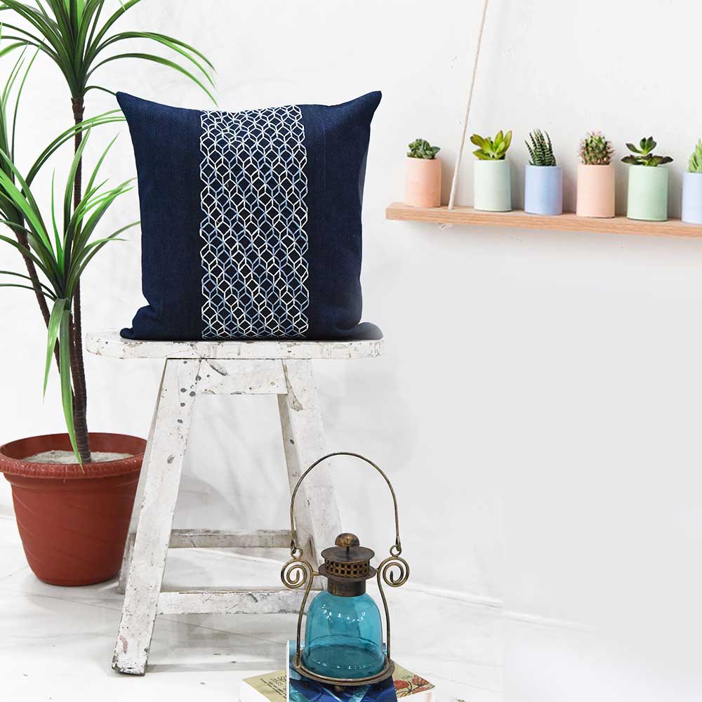 Cuba Stylish Denim Embroidered Cushion Cover 3D Look Sofa Chair Patio Outdoor Indigo Blue Denim Pillow Cushion Case 16" X 16"