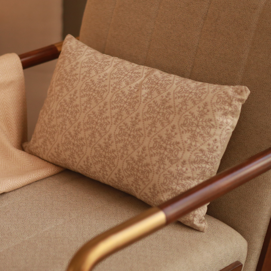 Leafline Cotton Embroidered Beige Cushion Cover 12" X 18" - Elysian Home Decor