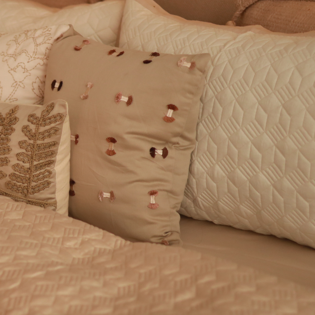 Tranquille Cotton Embroidered Beige Cushion Cover 16" X 16" - Elysian Home Decor