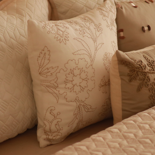 Leafy Retreat Cotton Embroidered Ivory Cushion Cover 16" X 16" - Elysian Home Decor