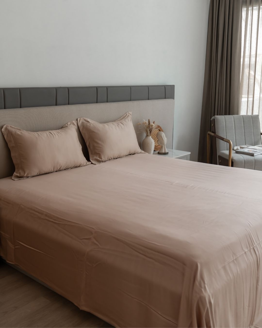 Peach Cream Pleated Bamboo Bedsheet Set - Elysian Home Decor