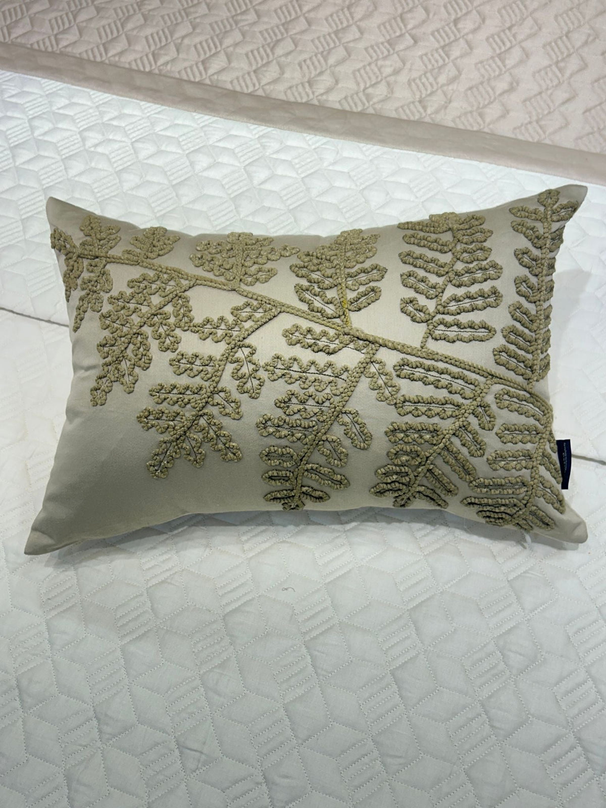 Foliage Haven Cotton Embroidered Beige Cushion Cover 12" X 18" - Elysian Home Decor