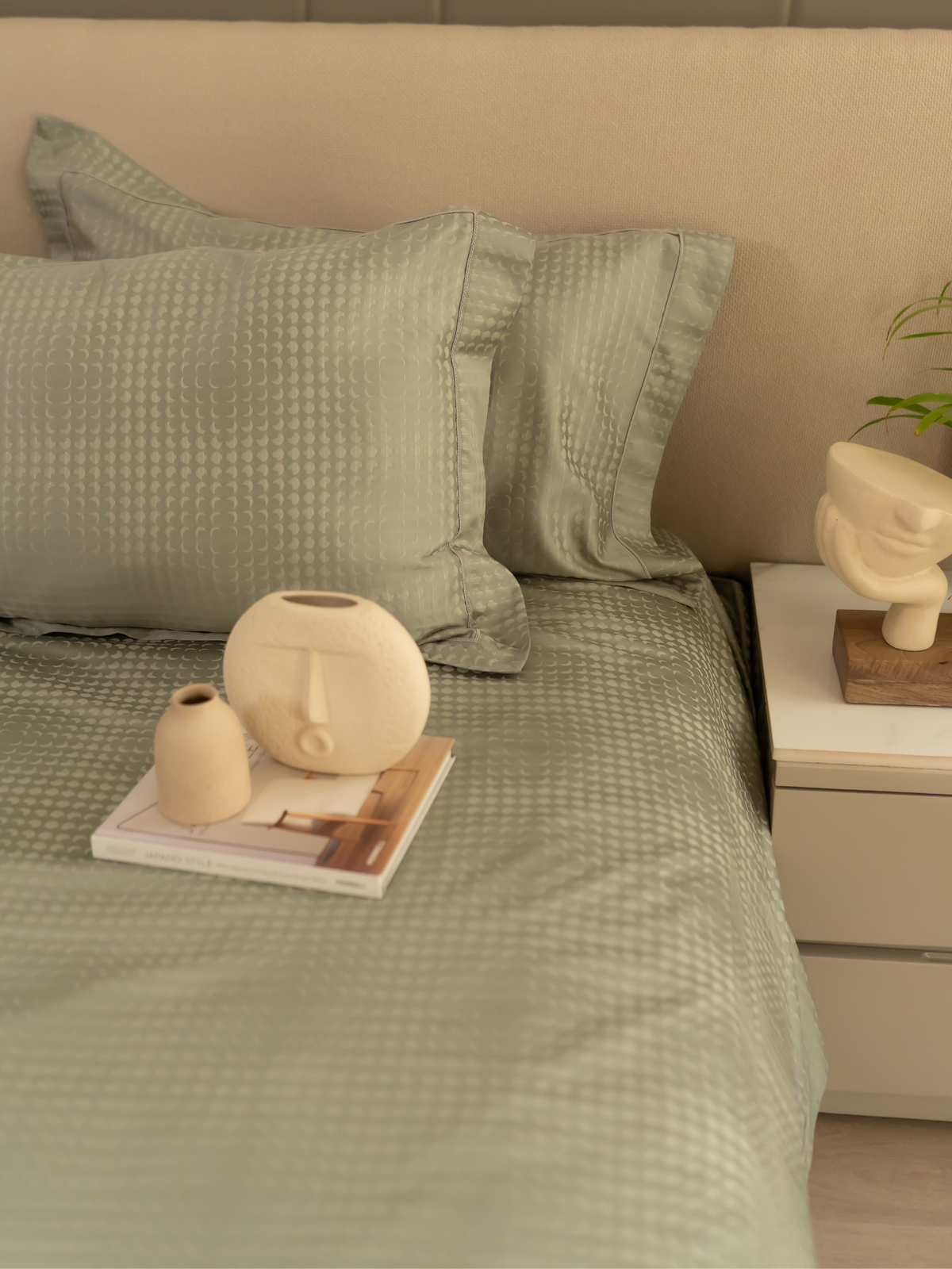 Minted Sage Premium Tencel Jacquard Bedsheet Set with Lace - Elysian Home Decor