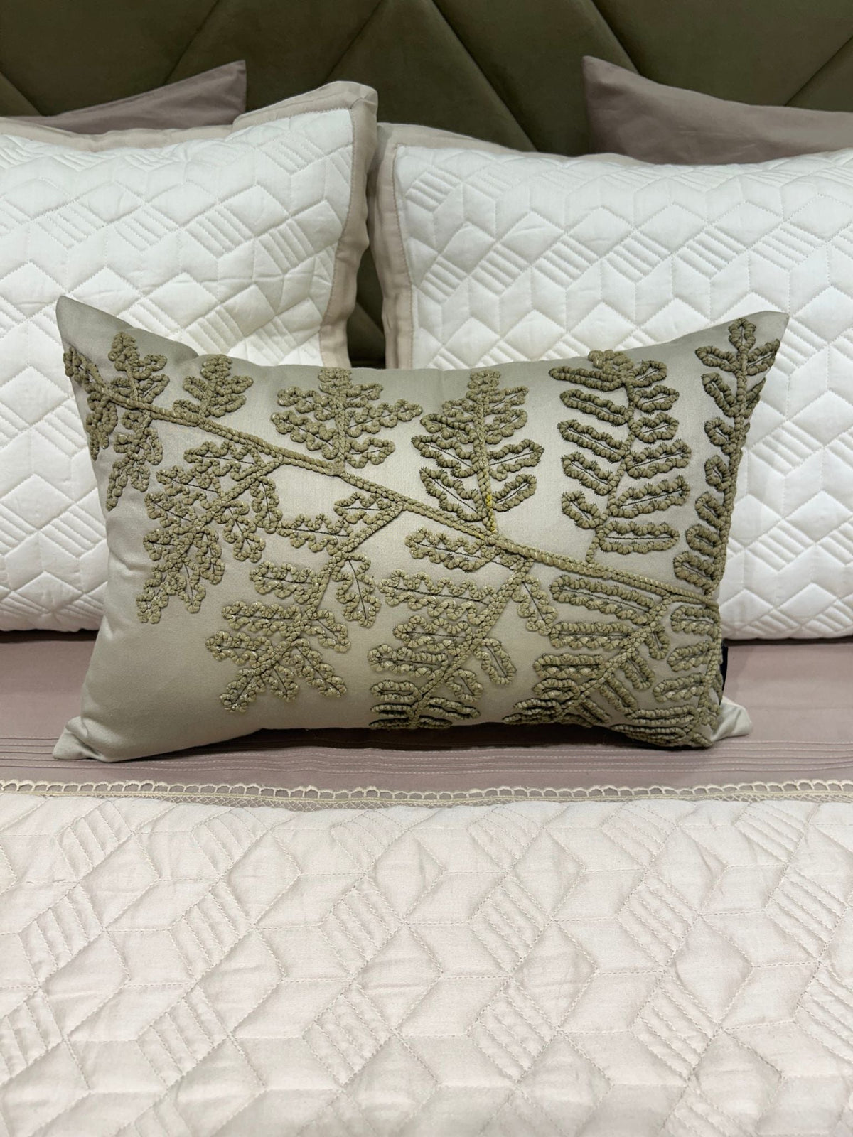 Foliage Haven Cotton Embroidered Beige Cushion Cover 12" X 18" - Elysian Home Decor