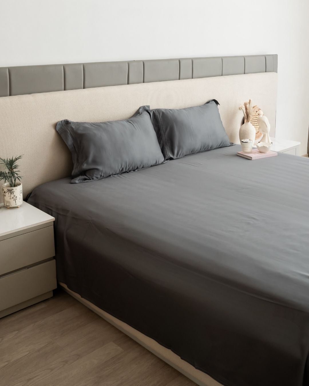 Charcoal Grey Pleated Bamboo Bedsheet Set - Elysian Home Decor