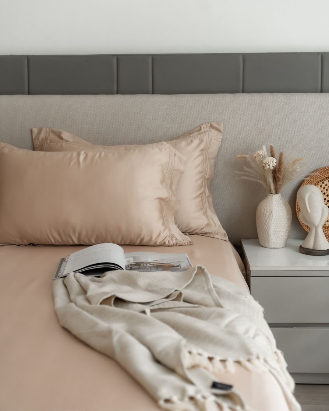Peach Cream Pleated Bamboo Bedsheet Set - Elysian Home Decor