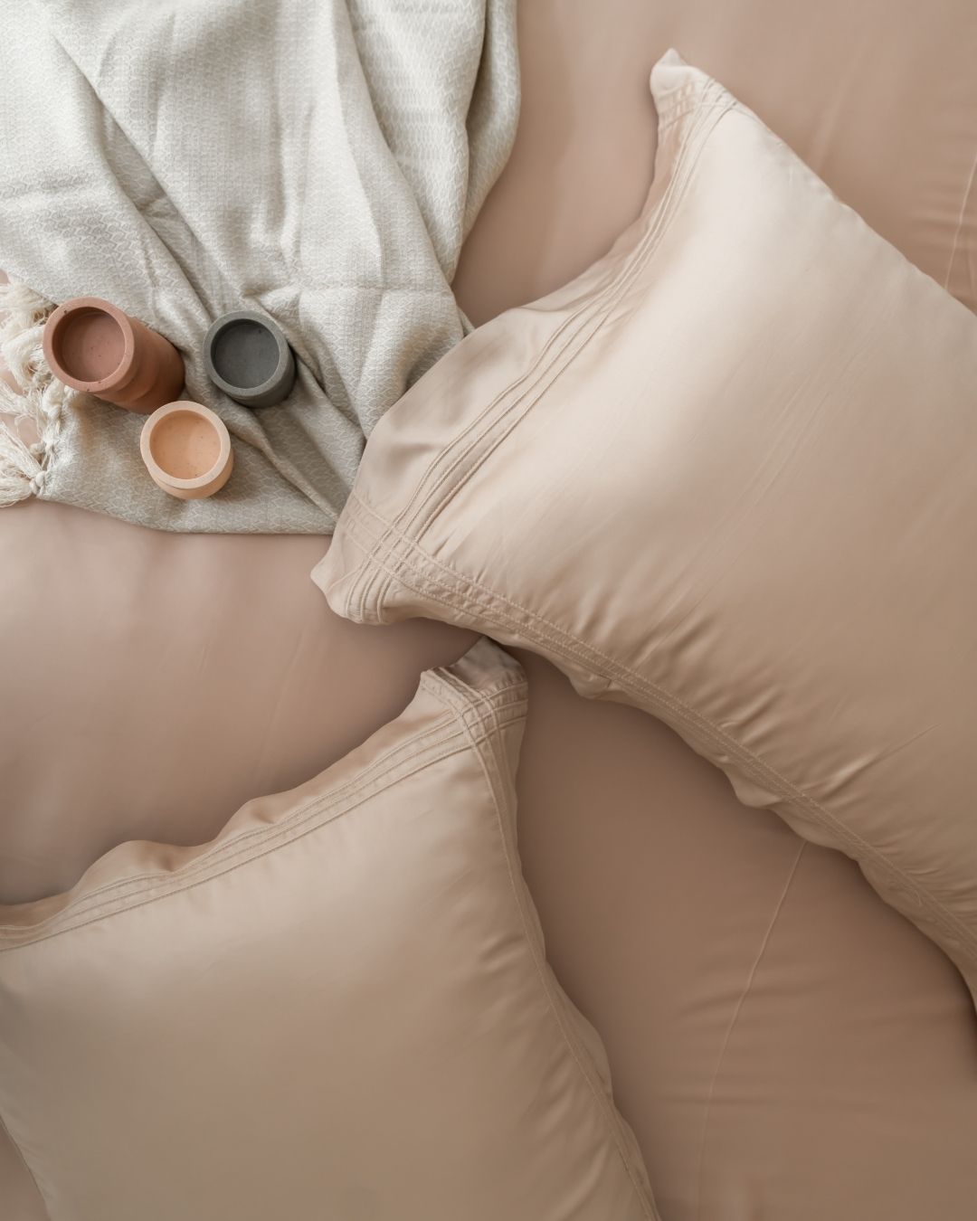 Peach Cream Pleated Bamboo Bedsheet Set - Elysian Home Decor