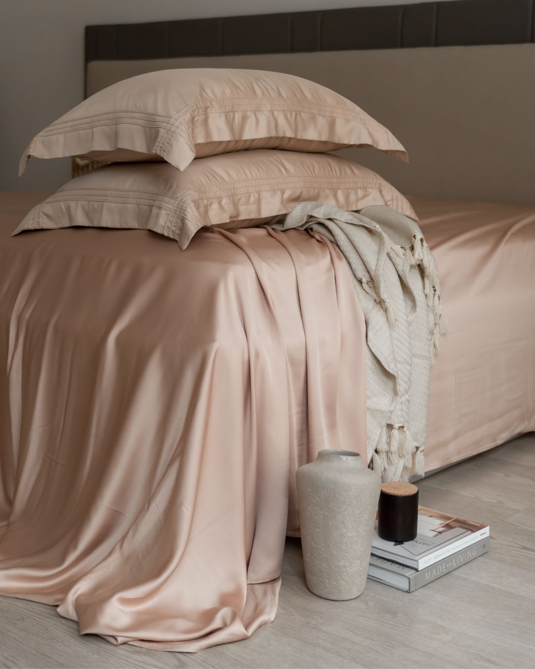 Peach Cream Pleated Bamboo Bedsheet Set - Elysian Home Decor